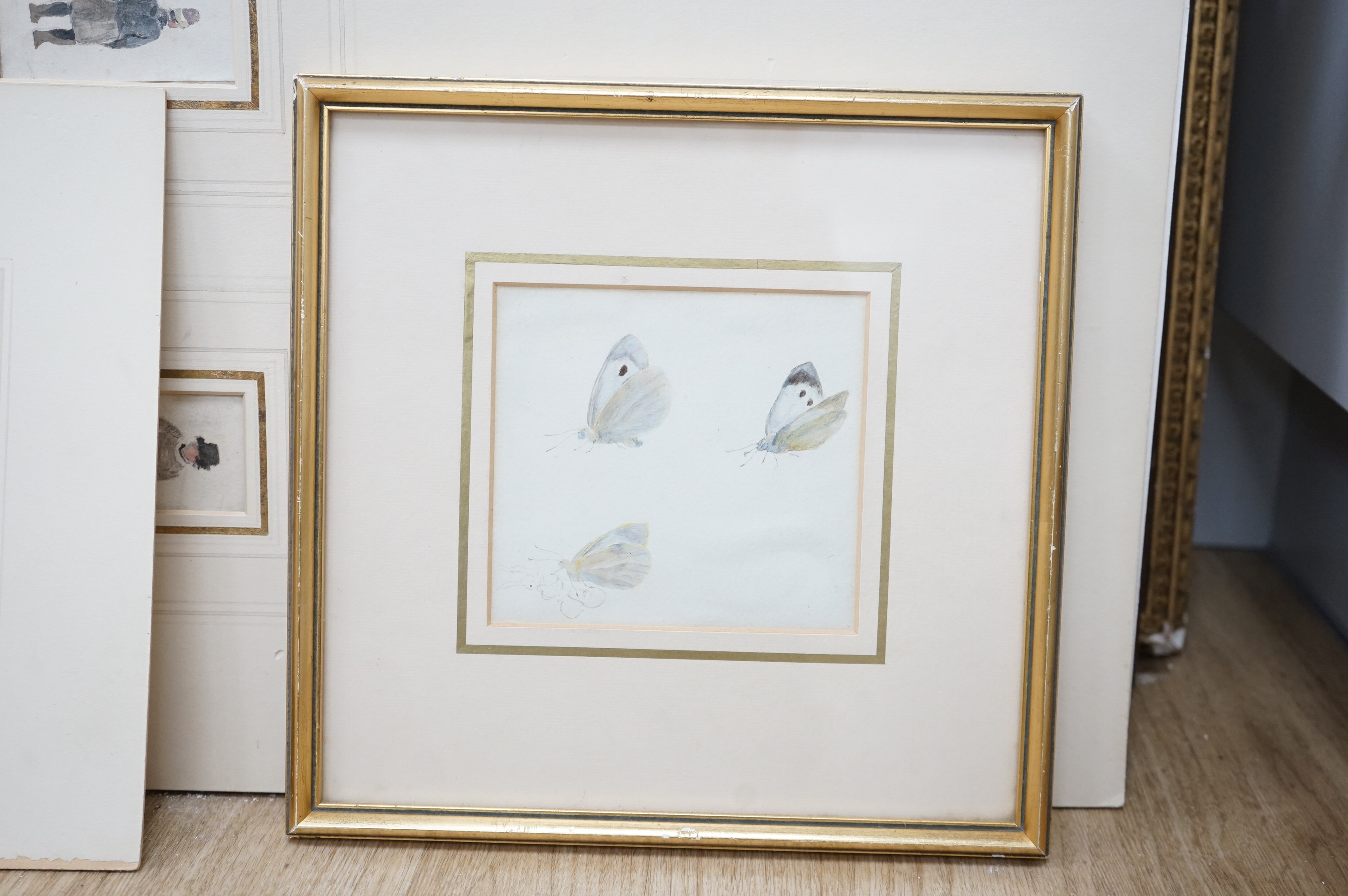 Manner of Helen Allingham (1848-1926), five miniature watercolours, comprising Studies of figures and large white butterflies, three mounted as one, one with details verso, largest 12 x 12cm, one framed